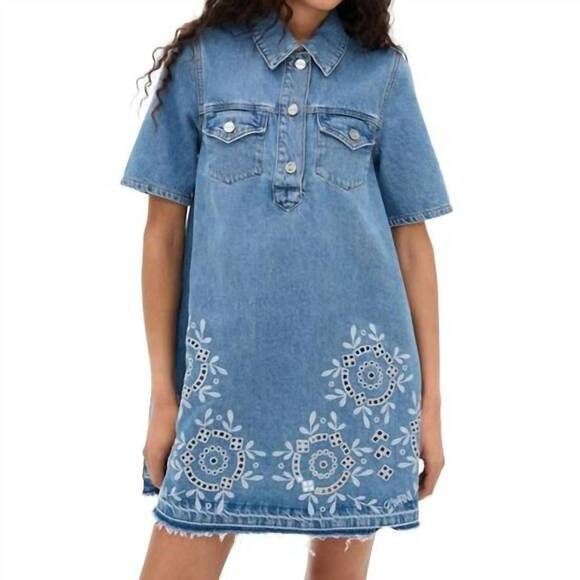 NEW GANNI broderie anglaise denim mini dress in light blue stone